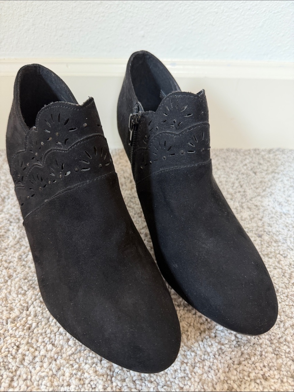 Women’s Black Suede Ankle Booties with Decorative Cutouts and Sparkle